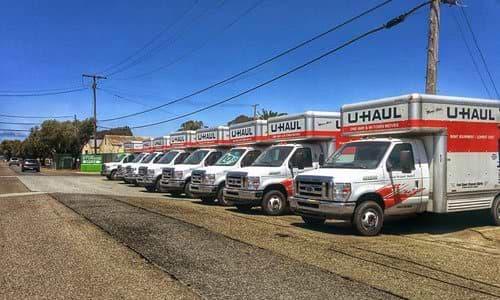 Commercial trucks parked at Island Park Storage on Treasure Island